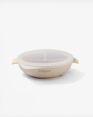 Babyono Πιάτο σιλικόνης με 3 θέσεις, καπάκι & βάση με βεντούζα - Μπεζ