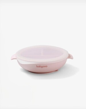 Babyono Πιάτο σιλικόνης με 3 θέσεις, καπάκι & βάση με βεντούζα - Ροζ