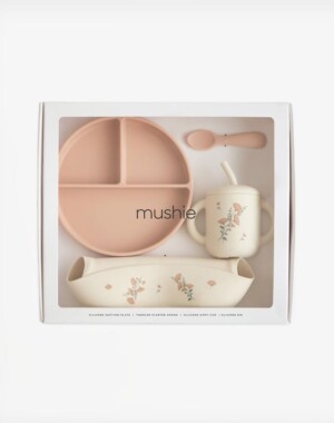 Mushie Σετ Φαγητού από Σιλικόνη Silicone Feeding Toddler Set - Pink Flowers